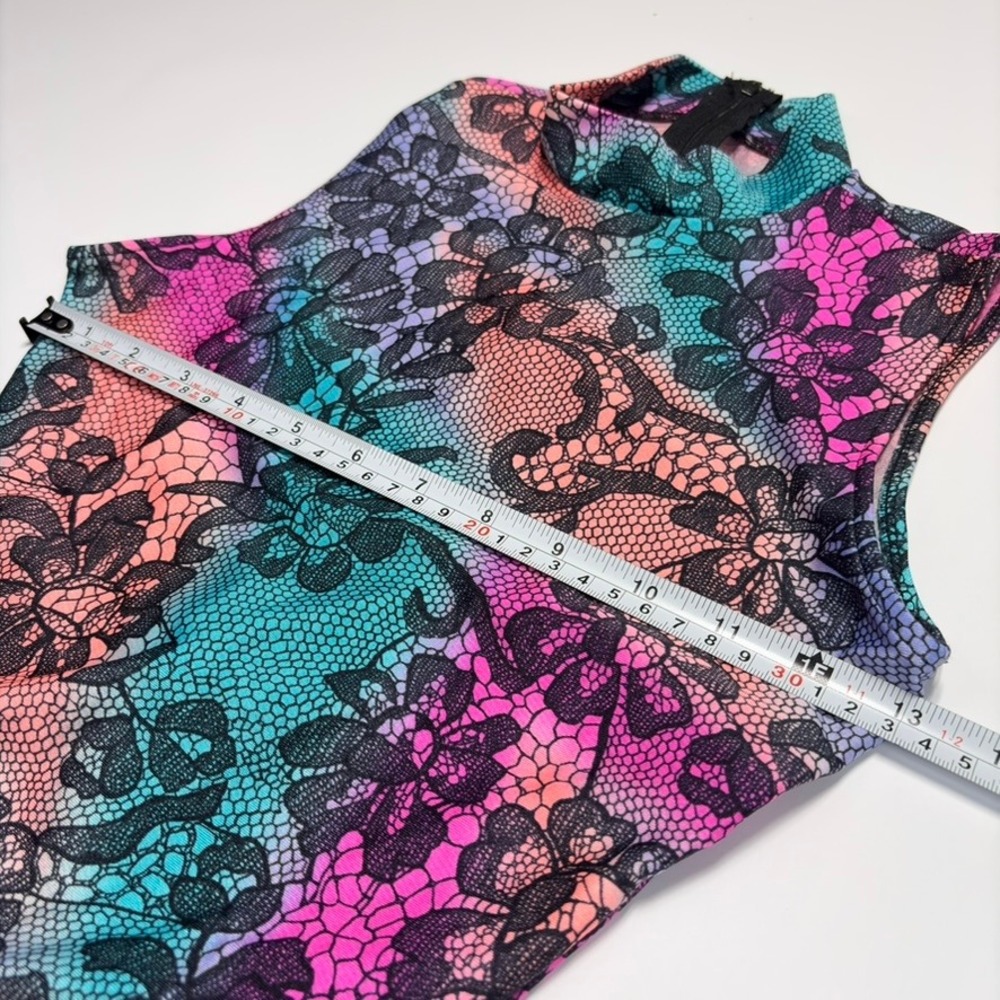 Gilda Marx Flexatard Vintage 80s Floral Lace Print Mock Neck Leotard Sz S USA - Picture 8 of 13